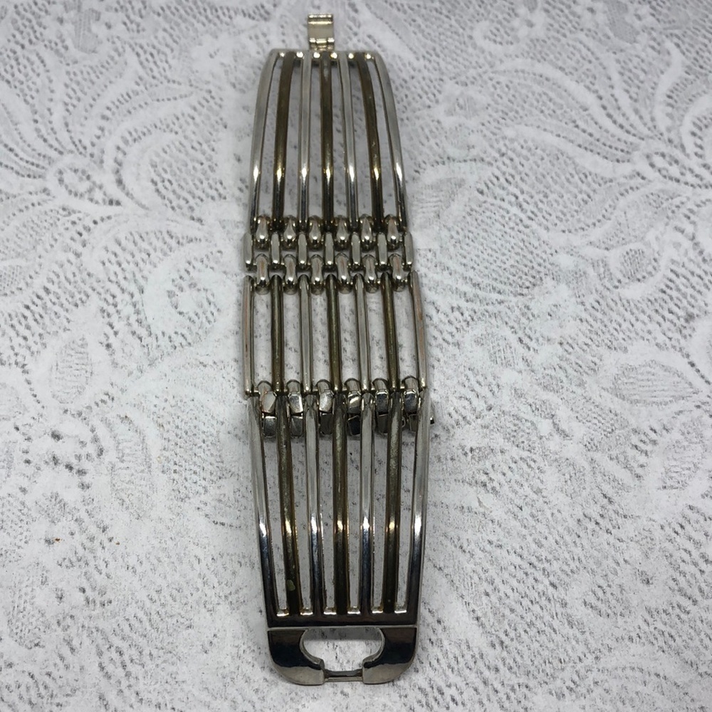Vintage 2 tone caged modernist style chunky wide metal bracelet dressy statement
